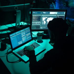 computers in a dark room